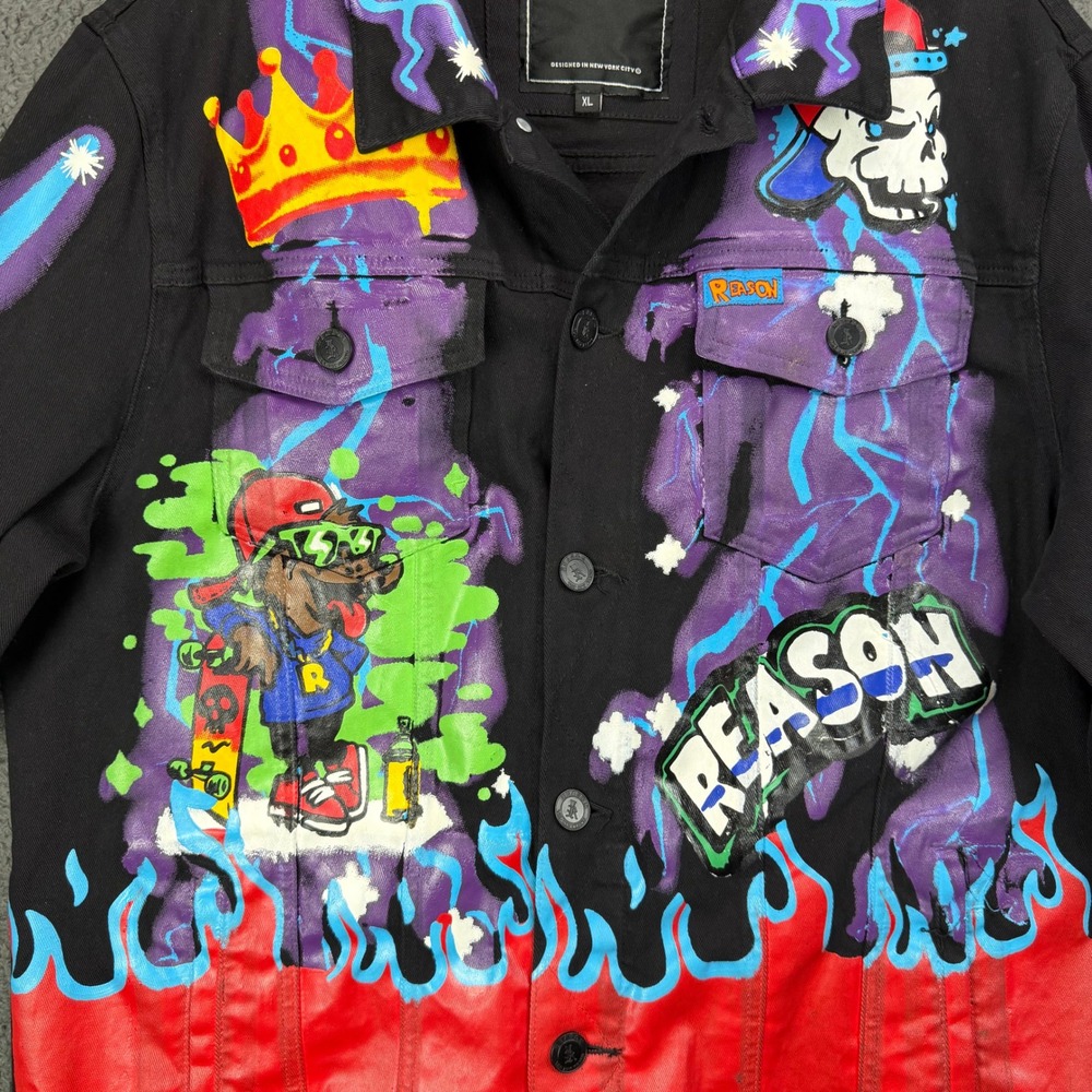 Reason Mens Graffiti Graphic Denim Jacket Black Red Blue XL Streetwear Skull - Picture 6 of 8